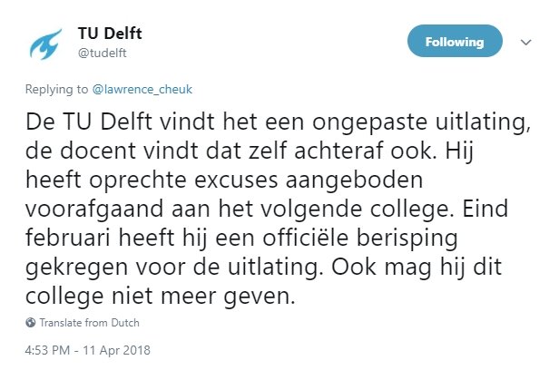 Reactie van de TU Delft